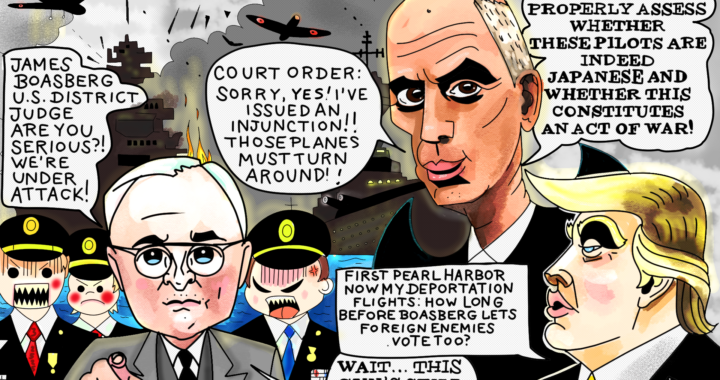 President Donald Trump and Judge Jeb James Boasberg Deportations Block Political Cartoon