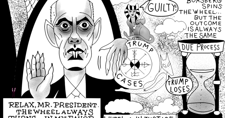 President Donald Trump Wheel of Injustice on Judge Jeb James Boasberg Signal Signalgate Political Cartoon