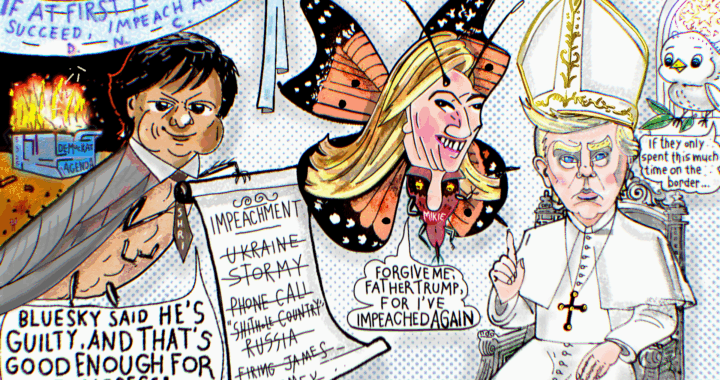 President Donald Trump Political Cartoon Rep. Mikie Sherrill and Shri Thanedar