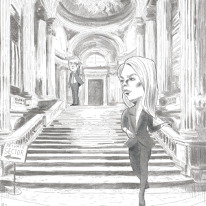 Custom pencil political cartoon in black-and-white editorial style by Maria Grasmick