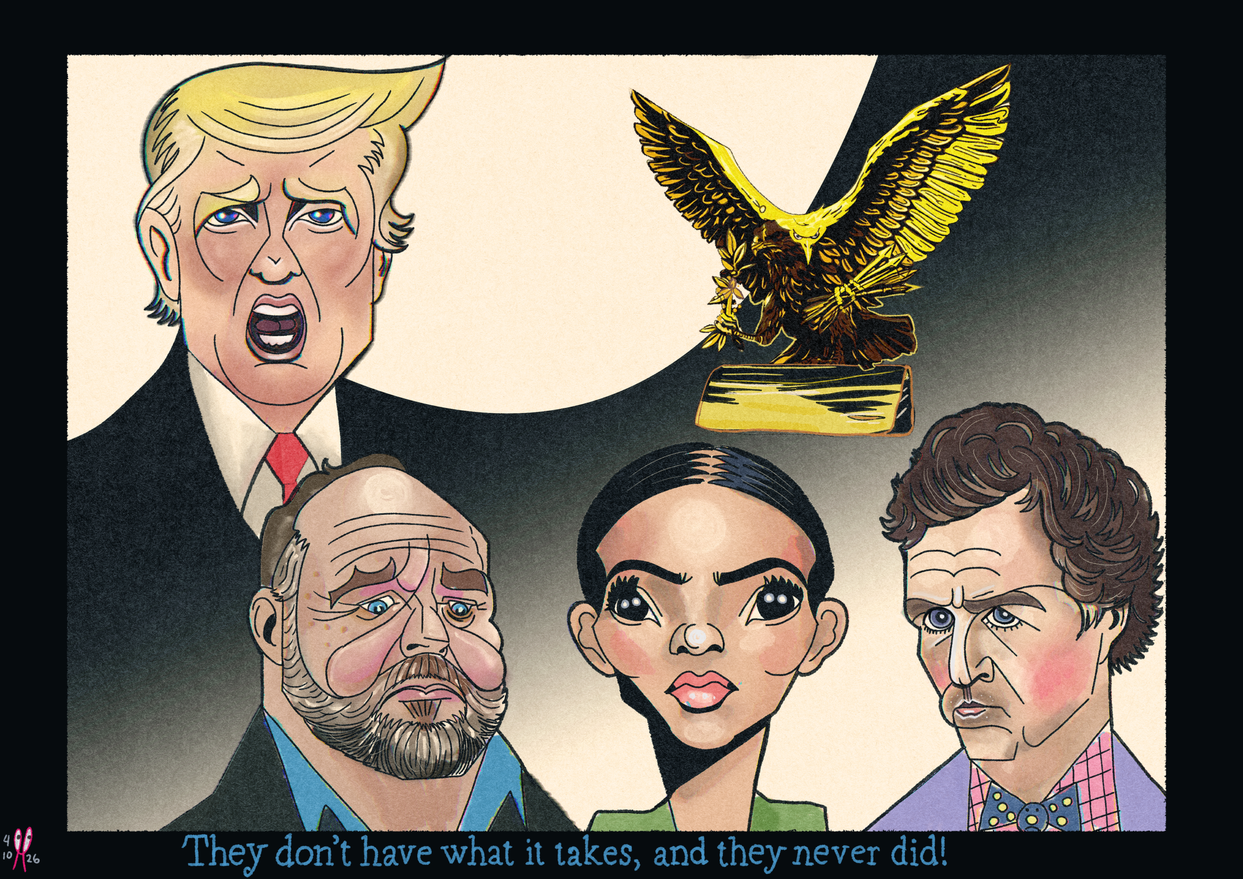Political cartoon of Donald Trump beneath a gold eagle in the Oval Office, with media figures like Tucker Carlson, Megyn Kelly, Candace Owens, and Alex Jones depicted as fragmented voices on the side