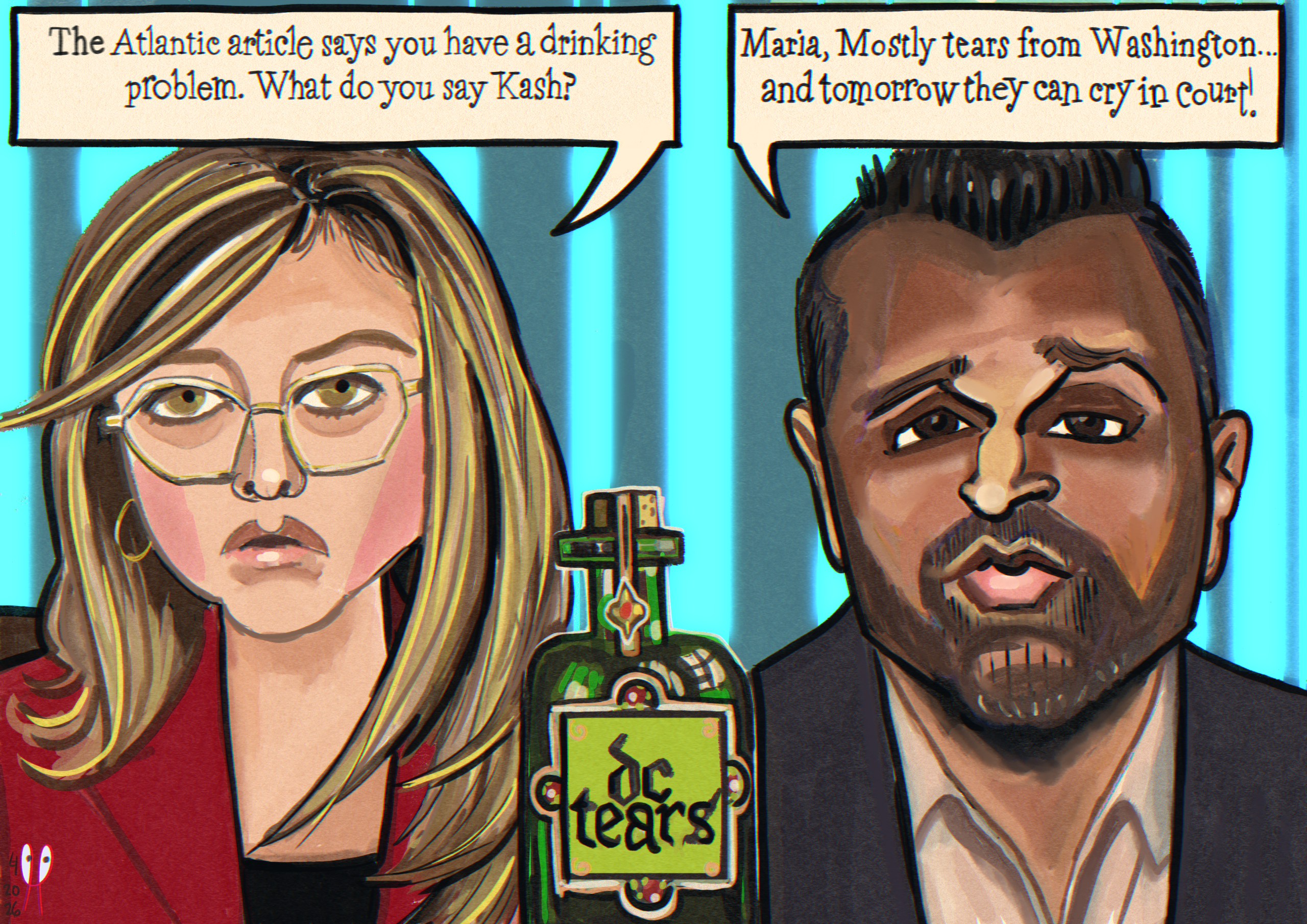 Kash Patel political cartoon featuring Maria Bartiromo interview with DC Tears absinthe bottle satire