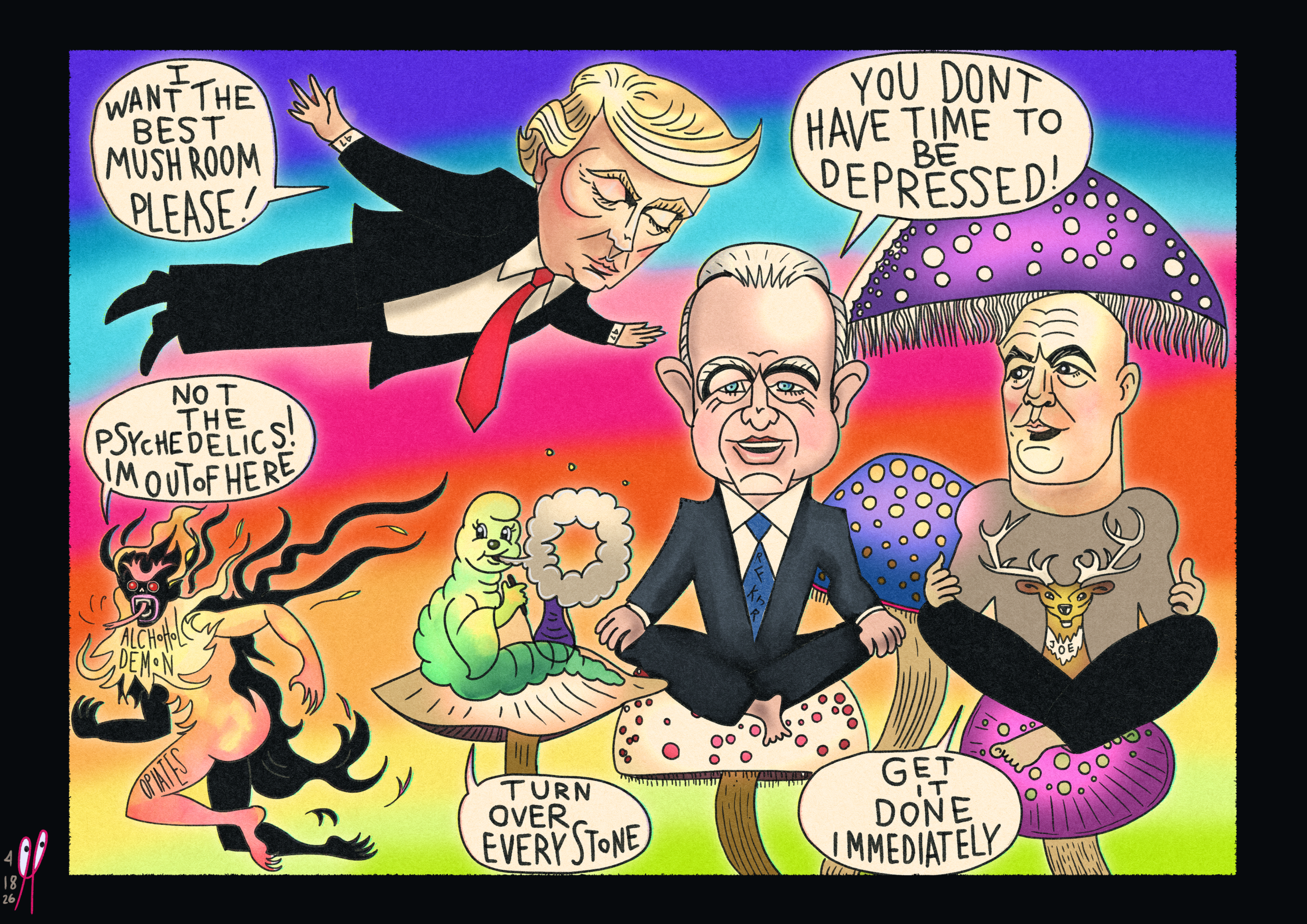 Political cartoon inspired by Trump psychedelic executive order featuring Donald Trump, Joe Rogan, RFK Jr., mushroom imagery, and addiction symbolism.