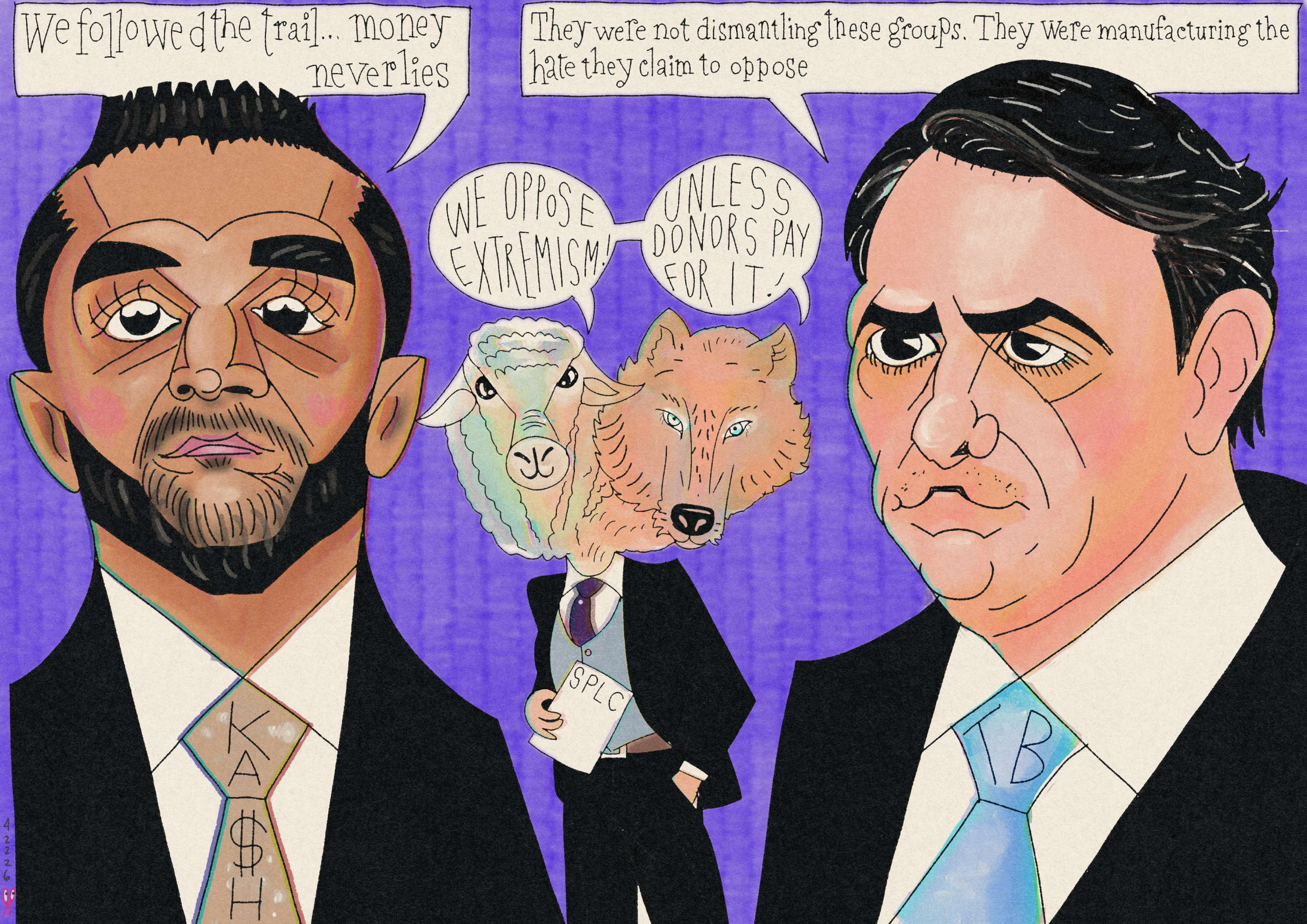 Today’s political cartoon inspired by the DOJ press conference featuring Todd Blanche and Kash Patel. A two-headed sheep and wolf creature represents public virtue versus private motive, with Kash Patel’s quote “Money never lies” driving the theme.