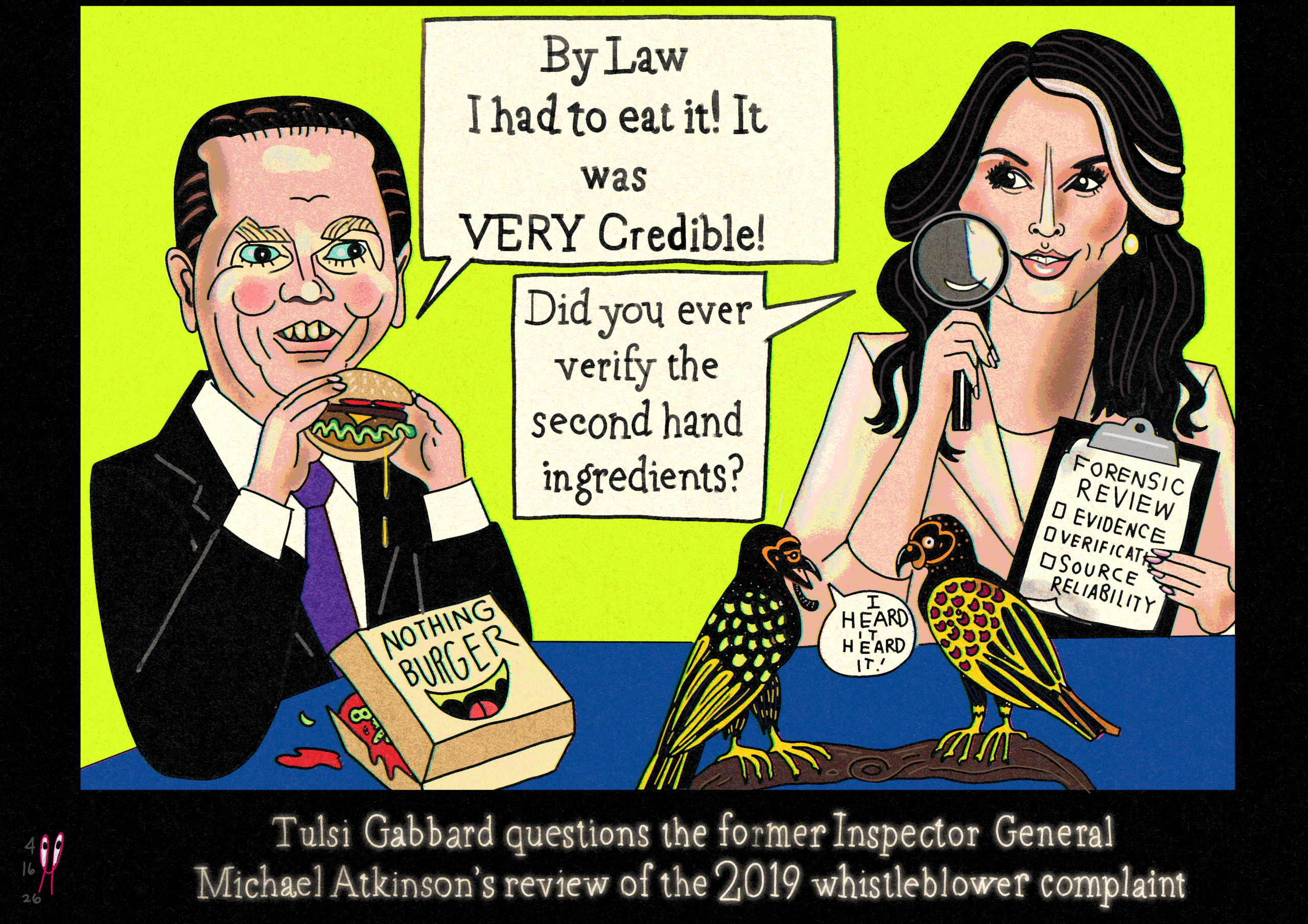 Political cartoon of Tulsi Gabbard inspecting a “Nothing Burger” while Inspector General Michael Atkinson eats it, symbolizing second-hand whistleblower claims during the 2019 Trump impeachment