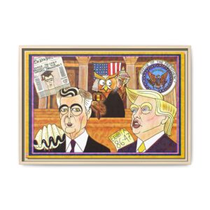 James Comey Trump political cartoon showing Trump presenting Exhibit 86 47 while seashell imagery distracts from an alleged presidential threat.