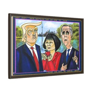 Trump Canada political cartoon with Donald Trump, Mark Carney and Olivia Chow holding a Canadian apple beside Lake America