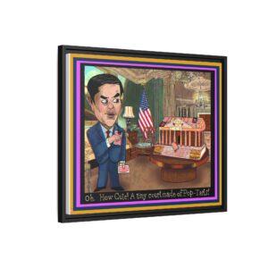 Marco Rubio print showing Rubio holding a Pop-Tart beside a tiny ICC courthouse made of strawberry Pop-Tarts