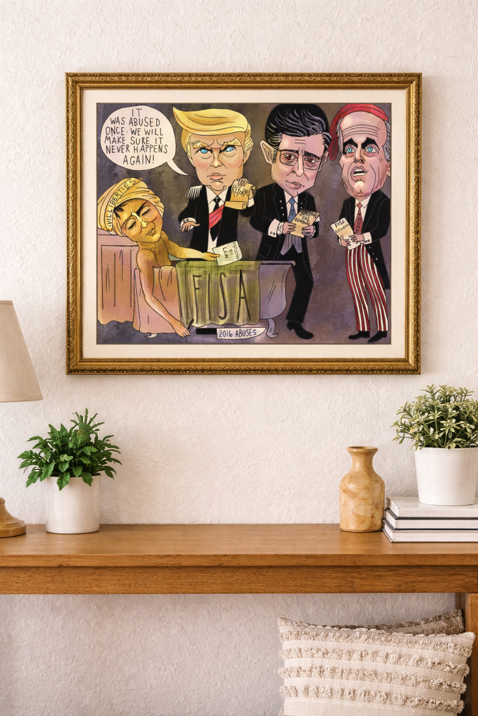 Political cartoon art print showing Trump, Speaker Mike Johnson and John Thune as French Revolution factions beside Marat symbolizing FISA abuse.